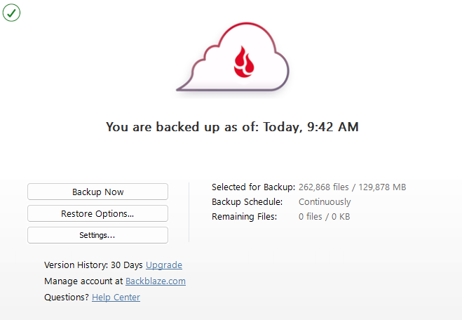 Backblaze desktop application showing a completed backup